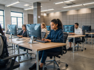 Modern computer lab with rows of desktop computers and students working