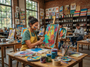 Students engaged in arts and crafts in a creative studio space