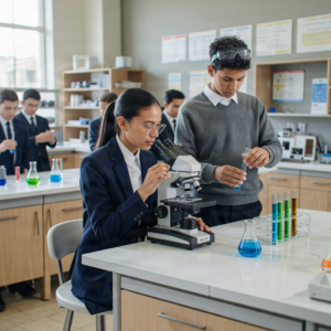 Students in a science lab with microscopes